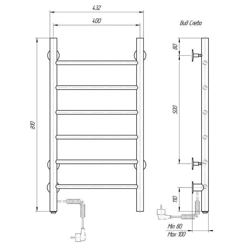 Полотенцесушитель электрический Domoterm Классик DMT 109-6 40x80 ЧРН EK R черный