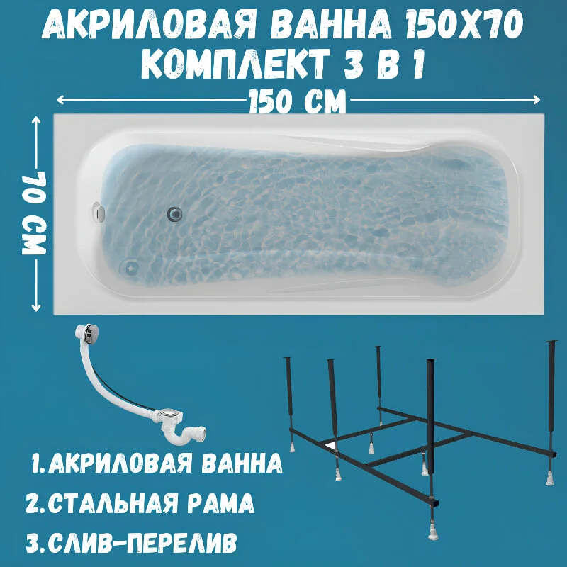 Акриловая ванна 1MarKa Classic 150х70 01кл1570Акс2+ белый