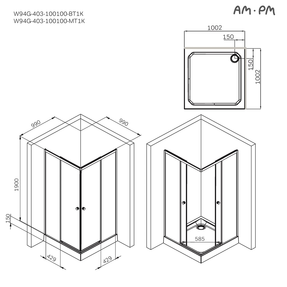 Душевой уголок 100x100 AM.PM X-joy W94G-403-100100-MТ1К стекло прозрачное, профиль хром матовый