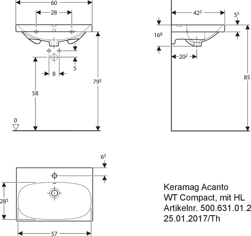 Раковина 60 см Geberit (Keramag) Acanto Compact 500.631.01.8, белый