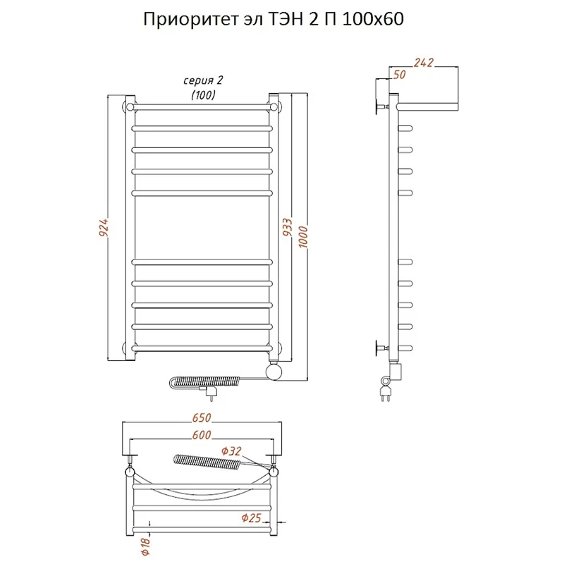 Полотенцесушитель электрический Тругор Приоритет серия 2 Приоритет2/элТЭН10060П хром