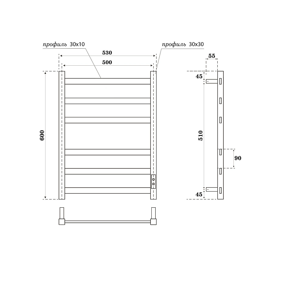 Полотенцесушитель электрический Point Меркурий PN83856GR П6 500x600, диммер справа, графит премиум