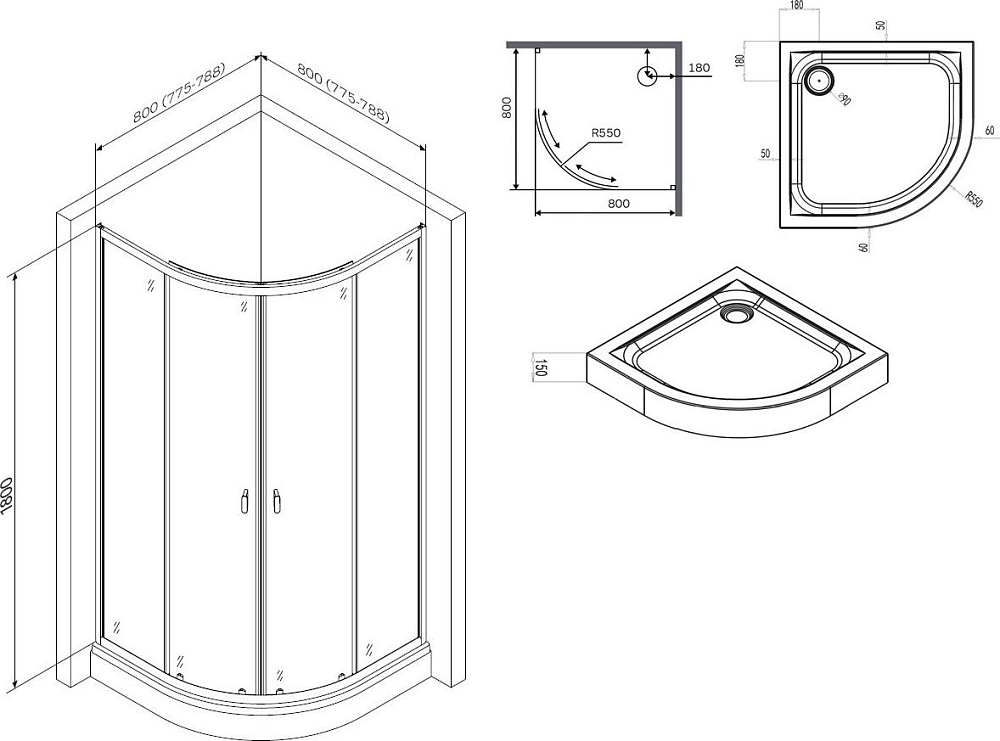 Душевой уголок AM.PM X-Joy W88E-205-080MT64, профиль хром, стекло прозрачное