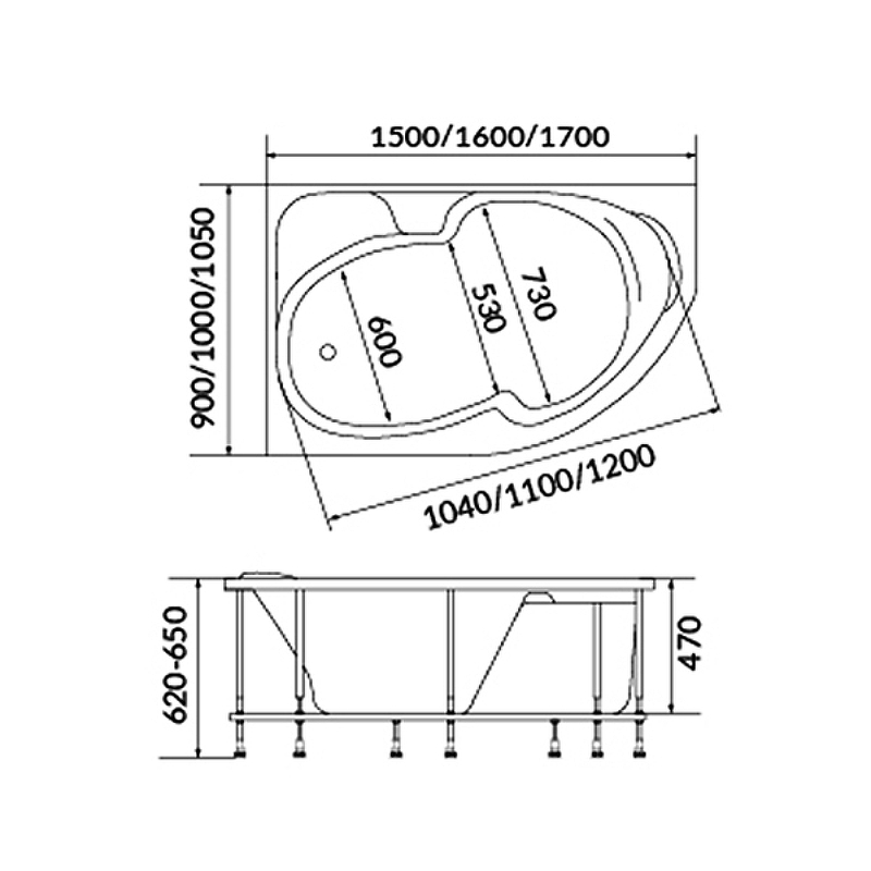 Каркас для ванны 1MarKa Diana 170х90 R/L 03ди1790, черный