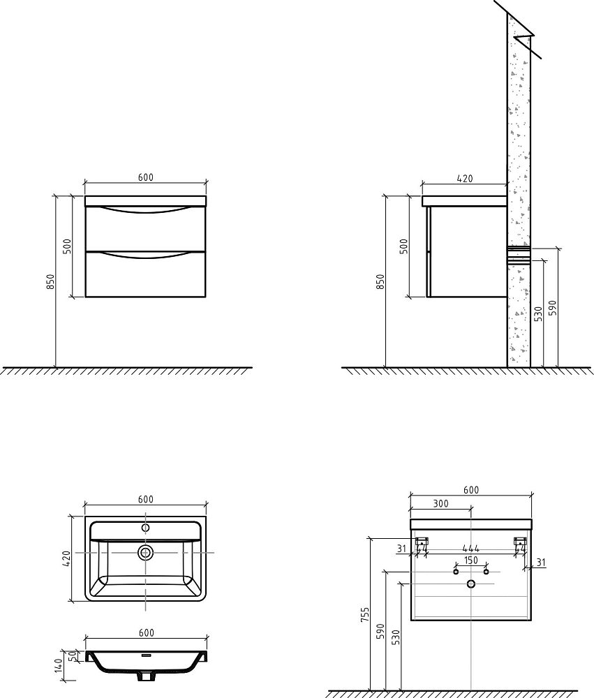 Тумба с раковиной BelBagno Ancona-N 60 rovere more подвесная