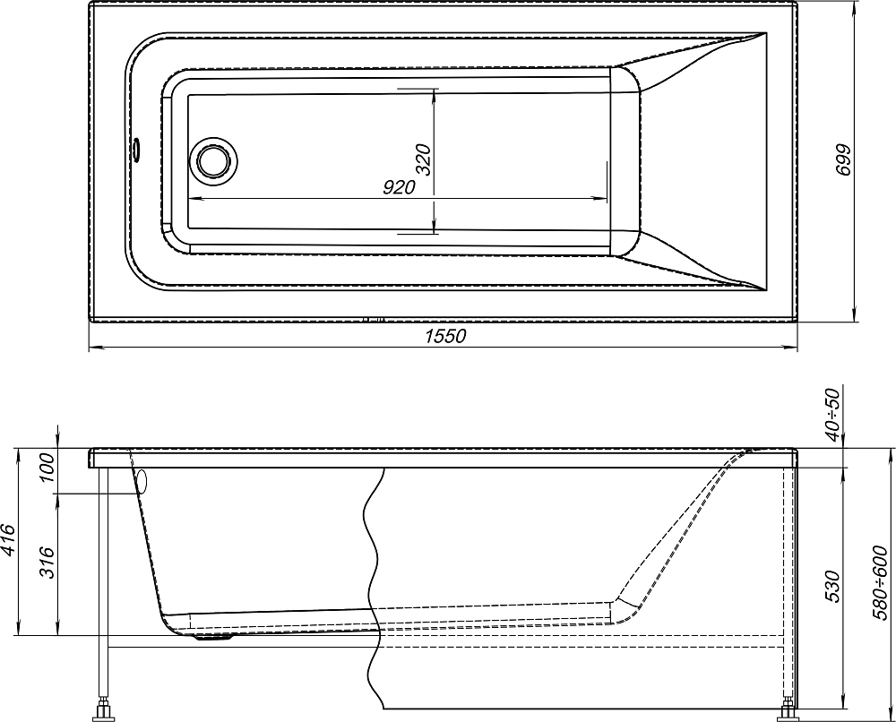 Комплект Акриловая ванна STWORKI Стокгольм 155x70 см, с каркасом + Стойка Ларвик WFT13008 со смесителем для ванны