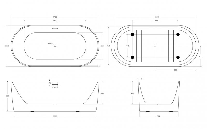 Акриловая ванна BelBagno BB411-1700-800-MATT 170x80, белый матовый