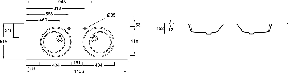 Раковина 141 см Jacob Delafon Odeon Rive Gauche EB2566-DE1, матовый белый