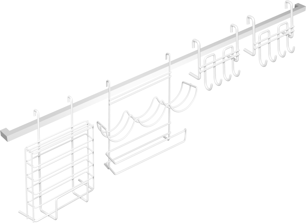 Комплект Рейлинг Domaci Феррара D21342 100, белый муар + Держатель D21348 для приправ и полотенца, белый муар + Держатель D21360 с крючками, белый муар + Держатель D21356 для ножей и досок, белый муар + Держатель D21360 с крючками, белый муар