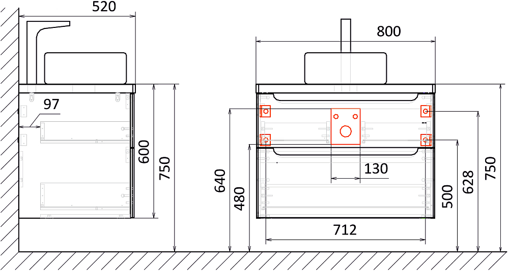 Тумба с раковиной STWORKI Берген 80, белая с темной столешницей, Moduo 50 Square