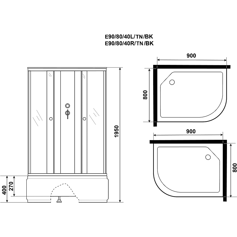 Душевая кабина Niagara Eco 90x80 R E90/80/40R/TN/BK без гидромассажа