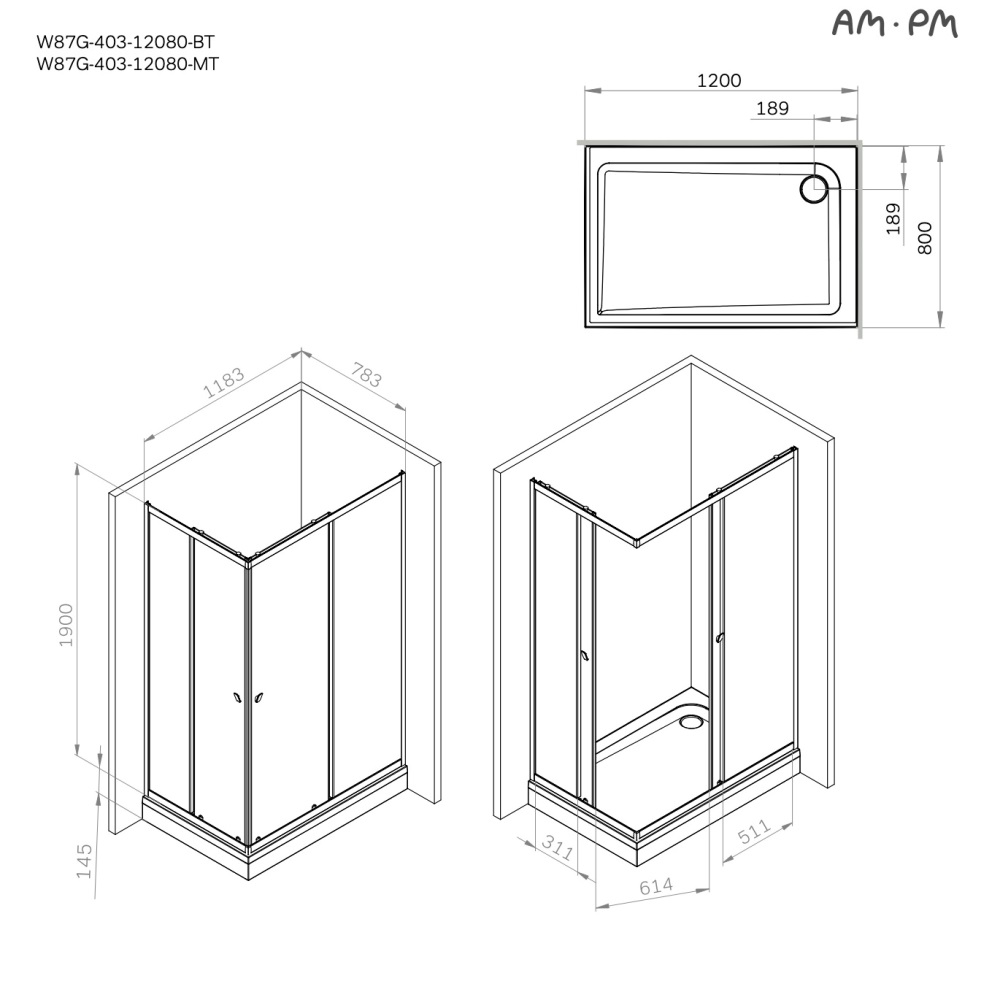 Душевой уголок Am.Pm Sunny W87G-403-12080-MT профиль хром матовый, стекло прозрачное