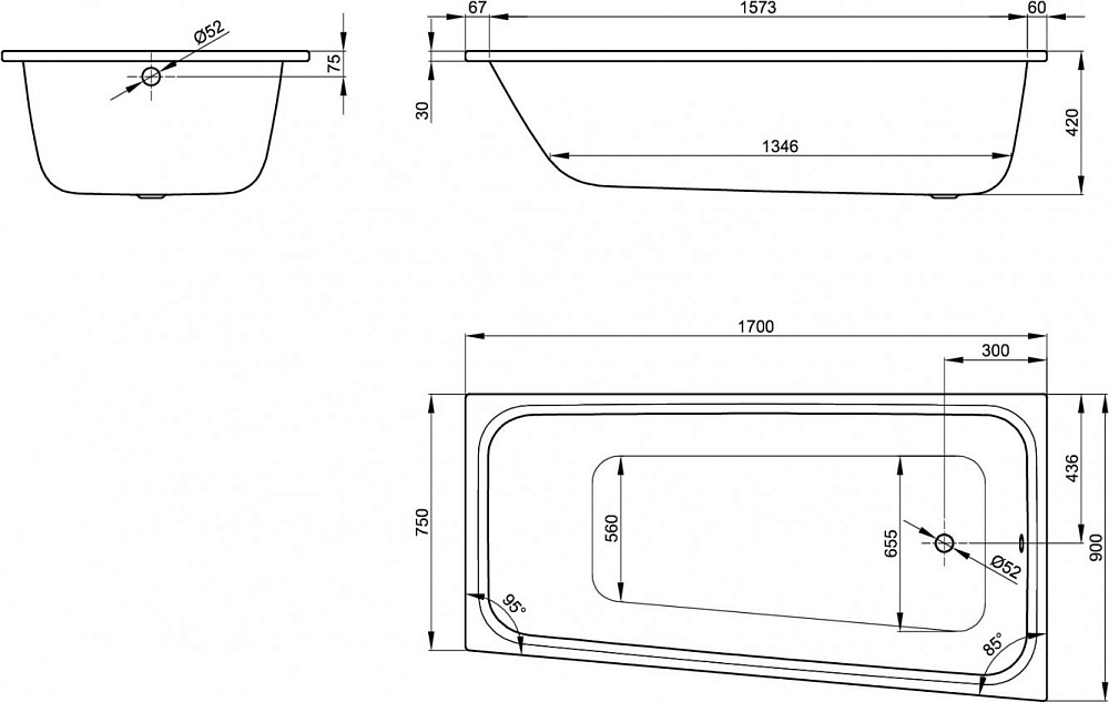 Стальная ванна Bette Space M 170x90 см 1141-000, правая