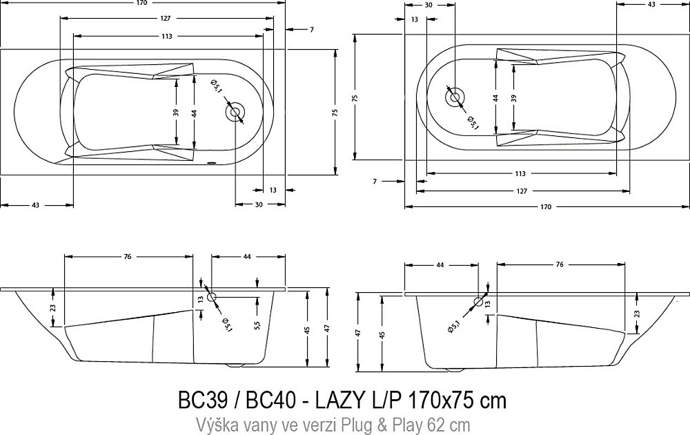 Акриловая ванна Riho Lazy 170x75 R B079001005 без гидромассажа