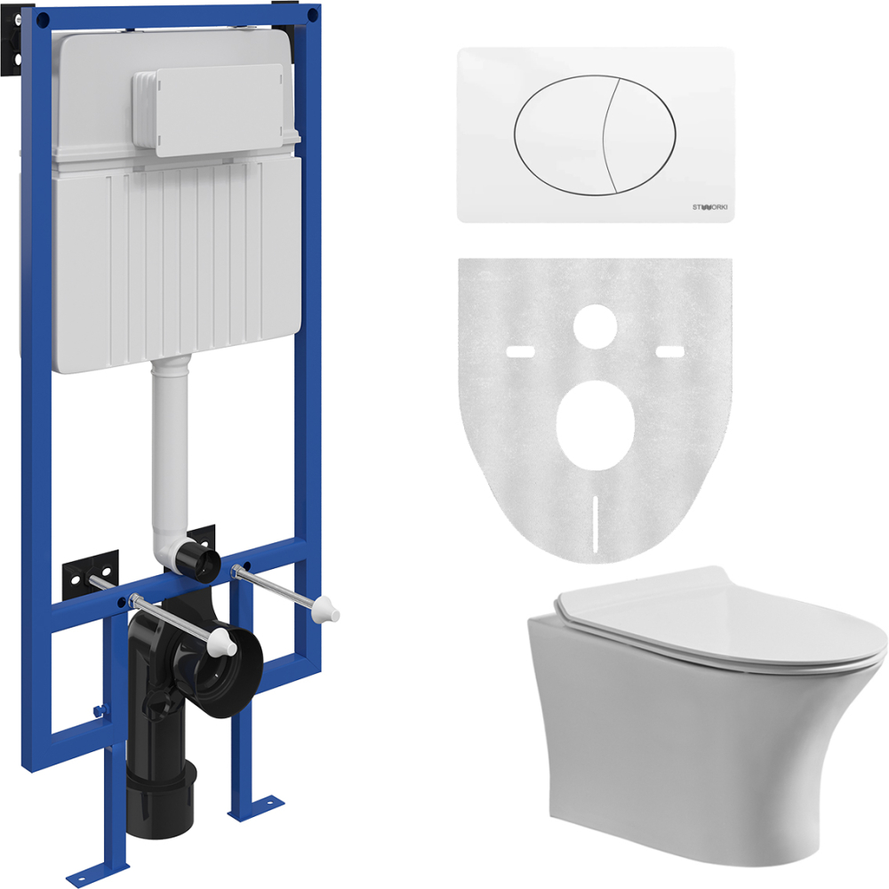 Комплект Унитаз подвесной STWORKI Дублин Db-01UP безободковый, с микролифтом, подвесной, с прямым выпуском, фарфоровый + Инсталляция + Кнопка 230824 белая