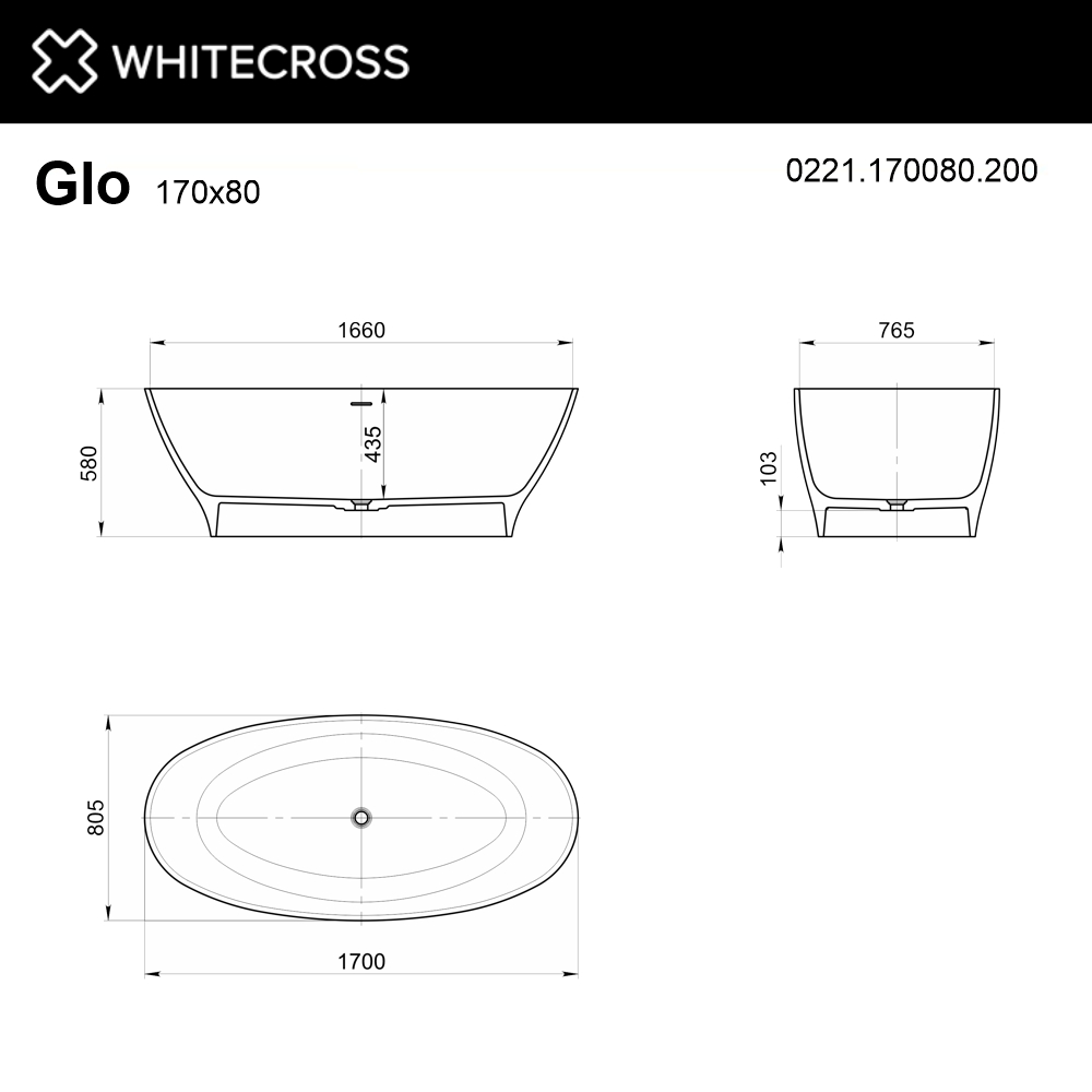 Ванна из искуственного камня Whitecross Glock 170x80 0221.170080.200 белый матовый