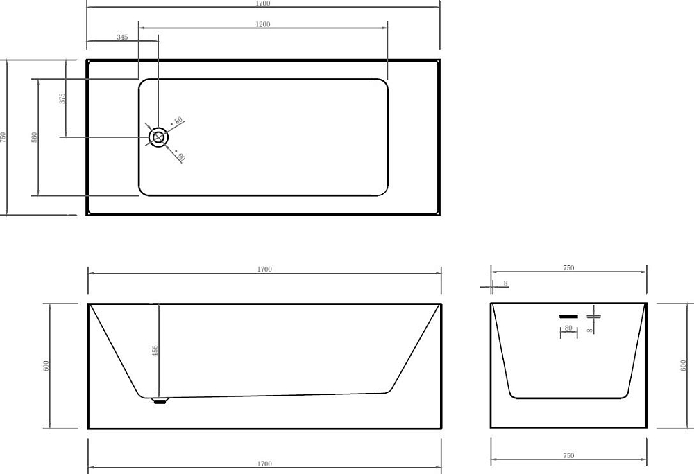 Акриловая ванна Abber 175x75 AB9274