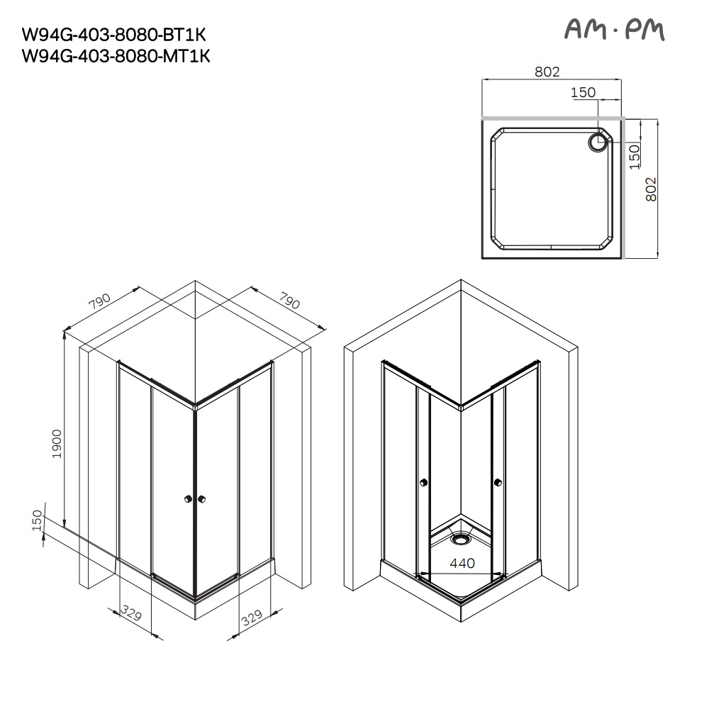 Душевой уголок 80x80 AM.PM X-joy W94G-403-8080-BТ1К стекло прозрачное, профиль черный матовый