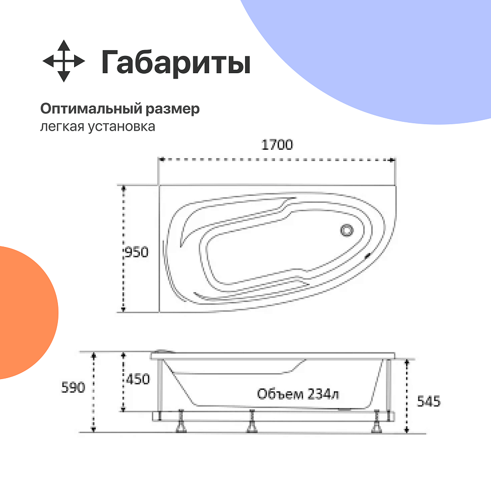 Акриловая ванна DIWO Валдай R 170x95 см, угловая, с каркасом, асимметричная