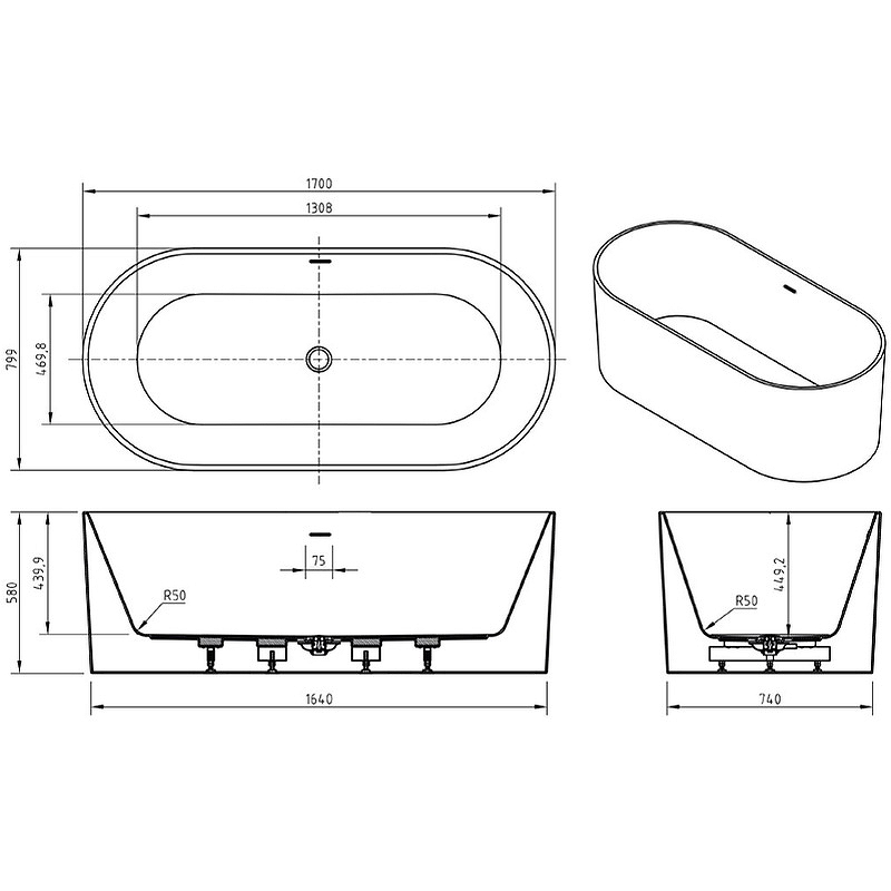 Акриловая ванна BelBagno BB705-1700-800 170x80, белый