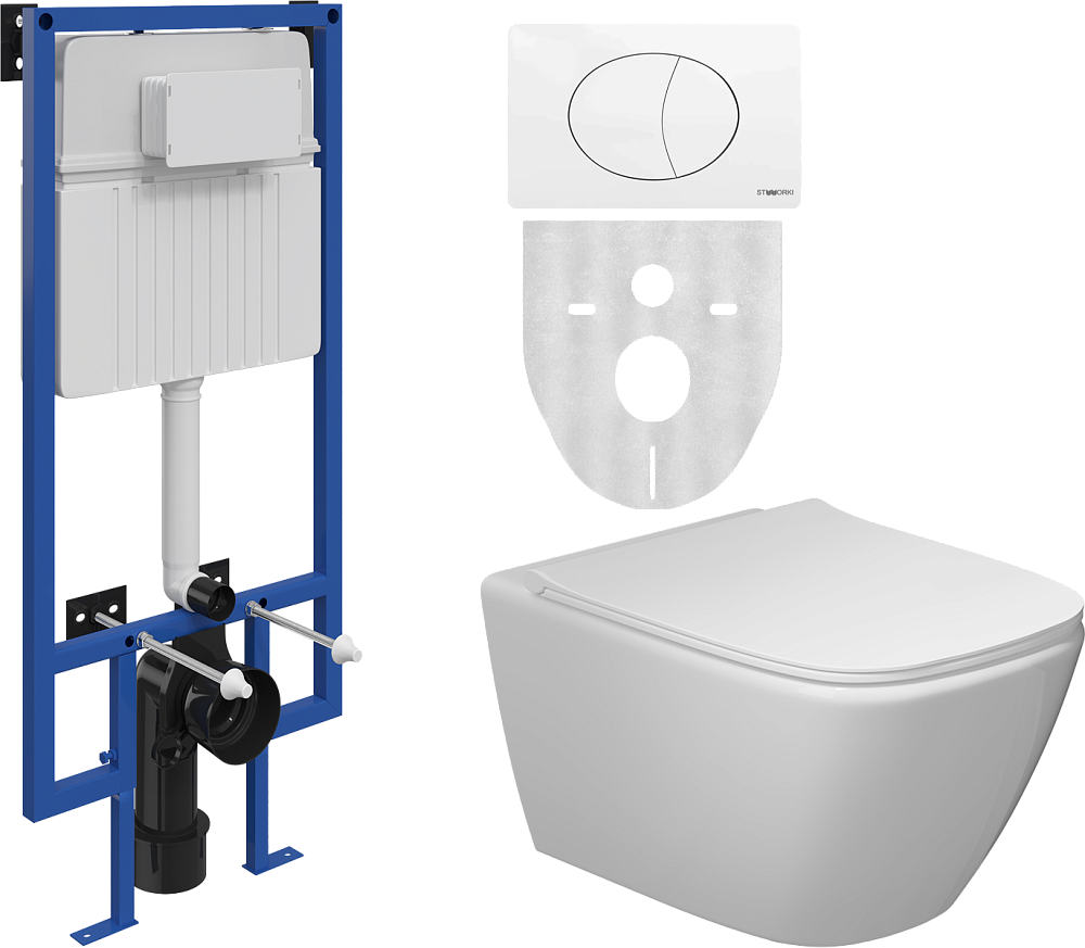 Комплект Унитаз подвесной STWORKI Карлстад 5610 безободковый + Крышка Lento 0405 с микролифтом + Инсталляция + Кнопка 230824 белая