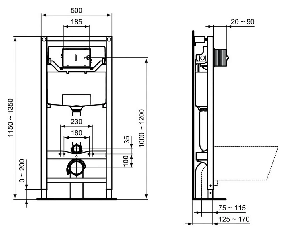 Инсталляция Ideal Standard Prosys R027767 120 P для подвесного унитаза с пневматическим управлением