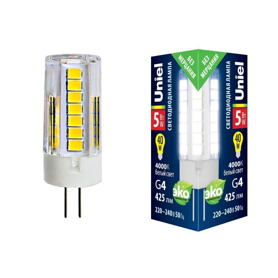 Лампа светодиодная Uniel G4 5W 4000K прозрачная LED-JC-220/5W/4000K/G4/CL GLZ09TR UL-00006745