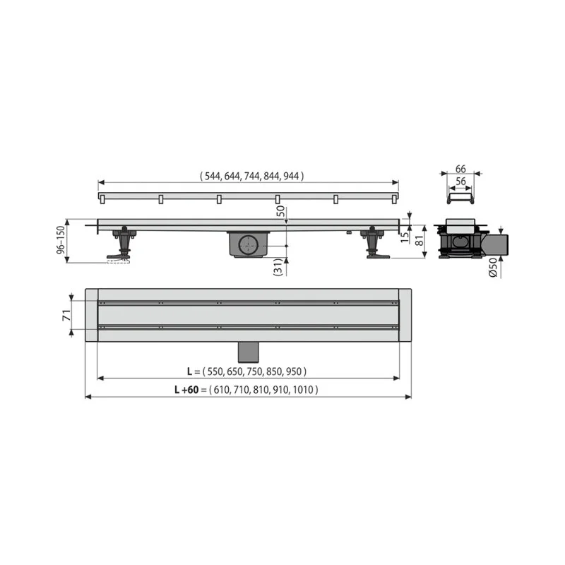 Дренажный канал Alcaplast APZ13-DOUBLE9 AG071401650, 65 см, с двухсторонней решеткой, нержавеющая сталь