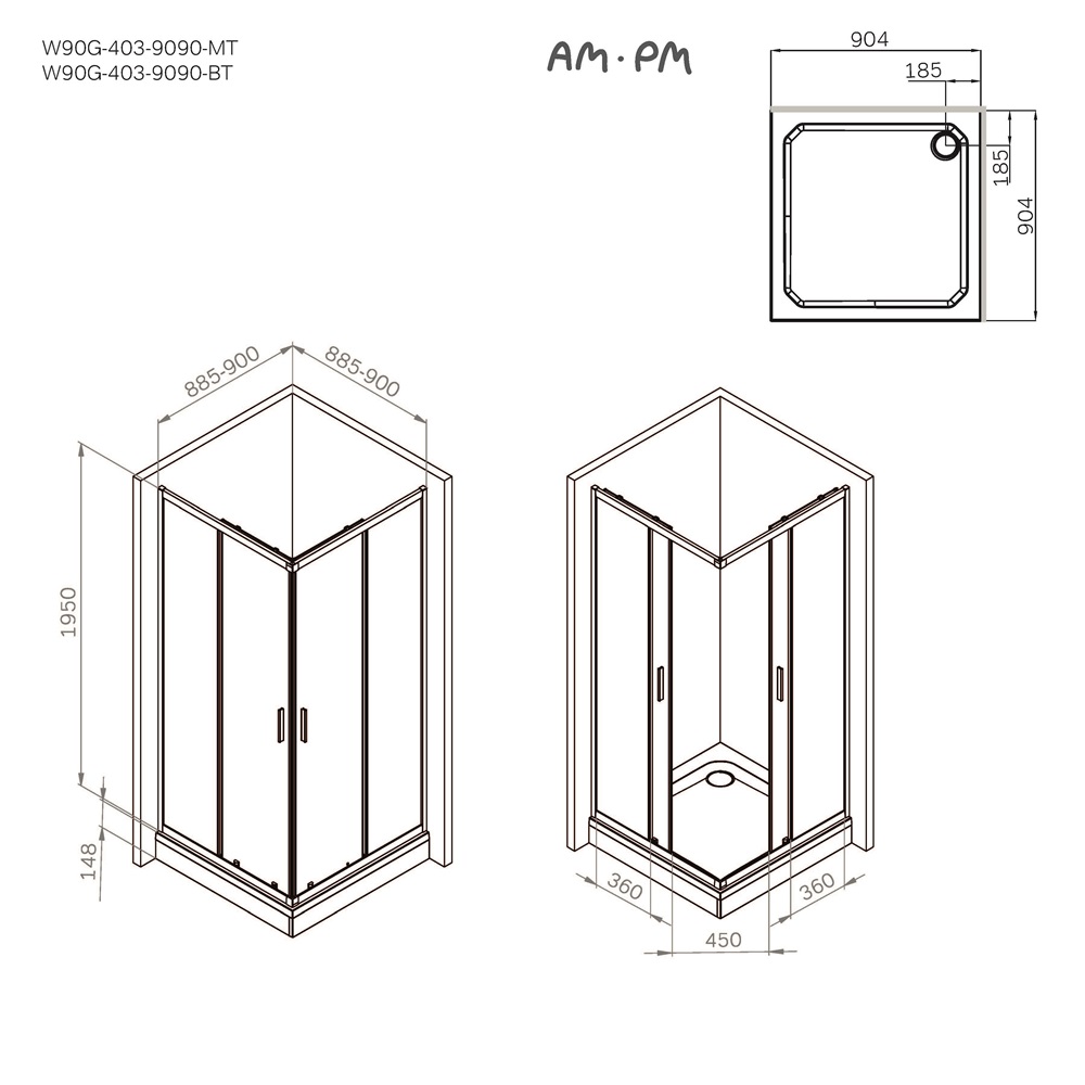 Душевой уголок 90x90 AM.PM Gem W90G-403-9090BT стекло прозрачное, профиль черный матовый