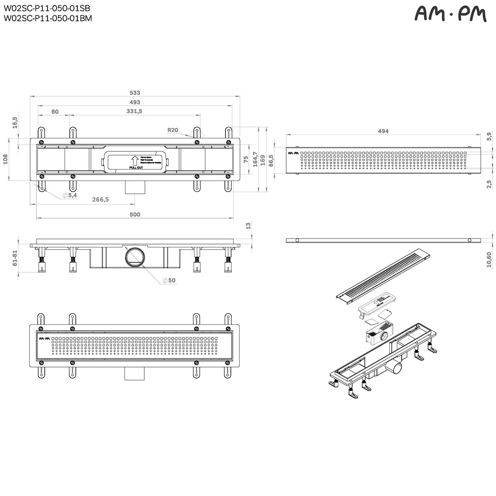 Душевой трап AM.PM PrimeFlow 50 W02SC-P11-050-01BM черный