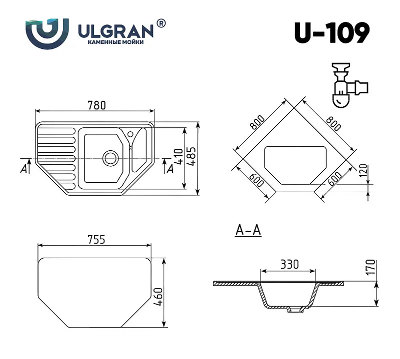 Кухонная мойка Ulgran U-109 U-109-308 черный