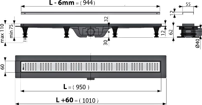 Душевой лоток AlcaPlast APZ10-Simple 950M с решёткой и опорами