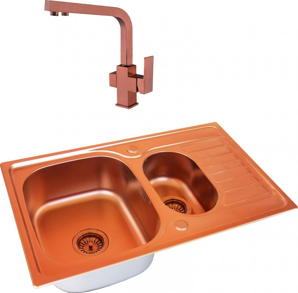 Комплект Кухонная мойка Zorg Inox Pvd SZR-780-2-480 COPPER + Смеситель Zorg Clean Water ZR 311 YF-PVD copper для кухонной мойки