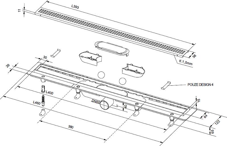 Душевой лоток PlastBrno Design 1 40 см SZA1400 с решеткой, серый