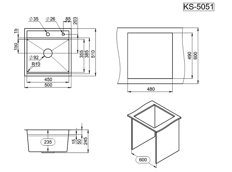 Мойка кухонная Granula Kitchen Space 5051, СТАЛЬ МАТОВАЯ сталь