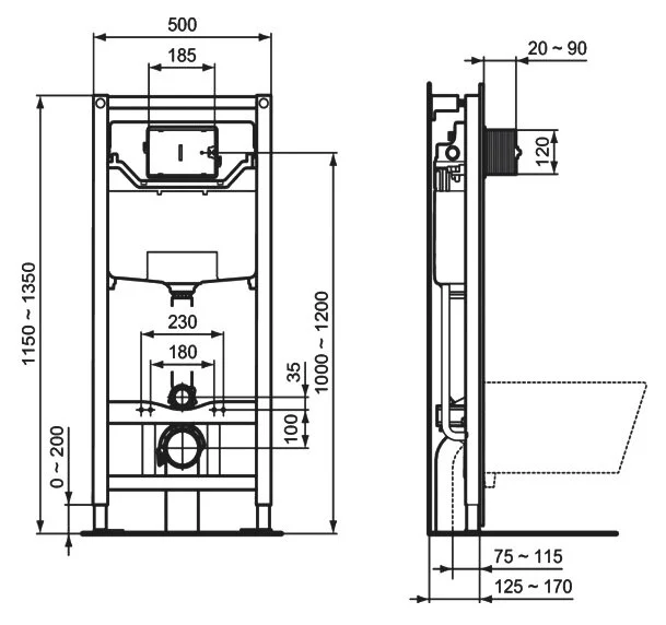 Инсталляция Ideal Standard Prosys Frame 120 M с унитазом Connect Air K819501PA Rimless K819501, сиденье микролифт, панель смыва, комплект