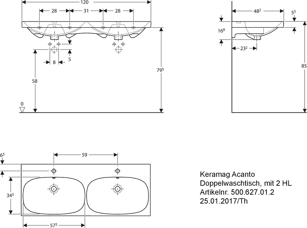 Раковина 120 см Geberit Acanto 500.627.01.2, белый