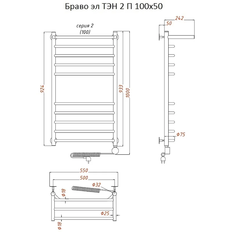 Полотенцесушитель электрический Тругор Браво серия 2 Браво2/элТЭН10050П хром