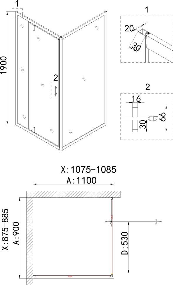 Душевой уголок Niagara Nova 90x110 NG-43-9AG-A110G, профиль золото, стекло прозрачное