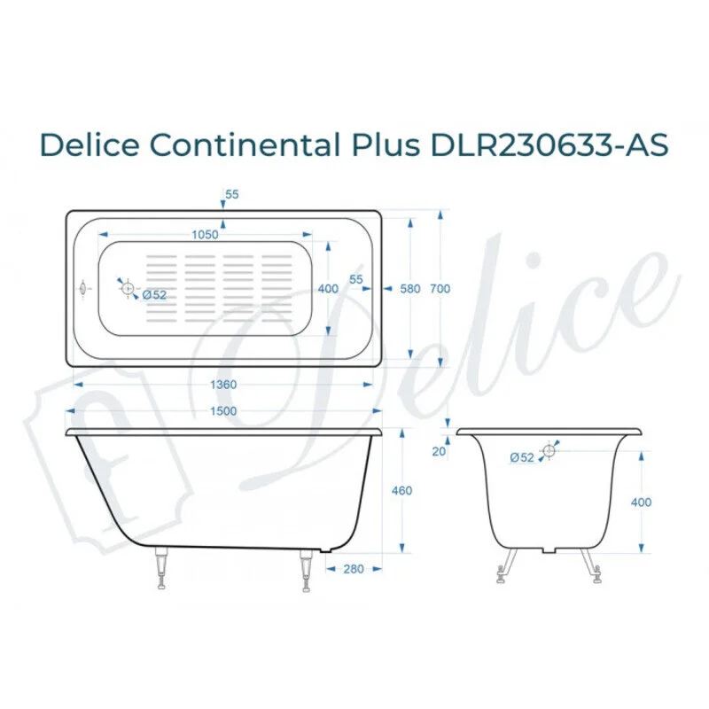 Чугунная ванна Delice Continental Plus DLR230633-AS белый