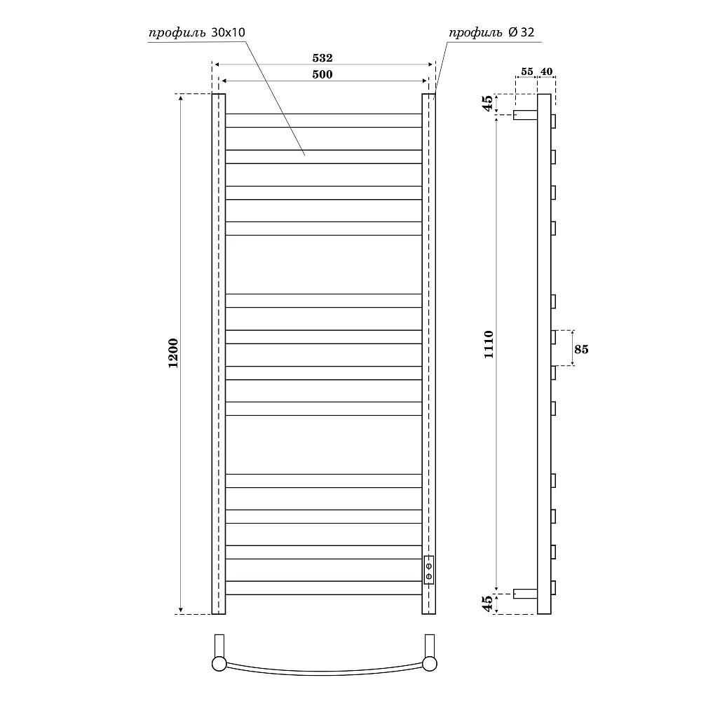 Полотенцесушитель электрический Point Антея PN17852B П12 500x1200, диммер справа, черный