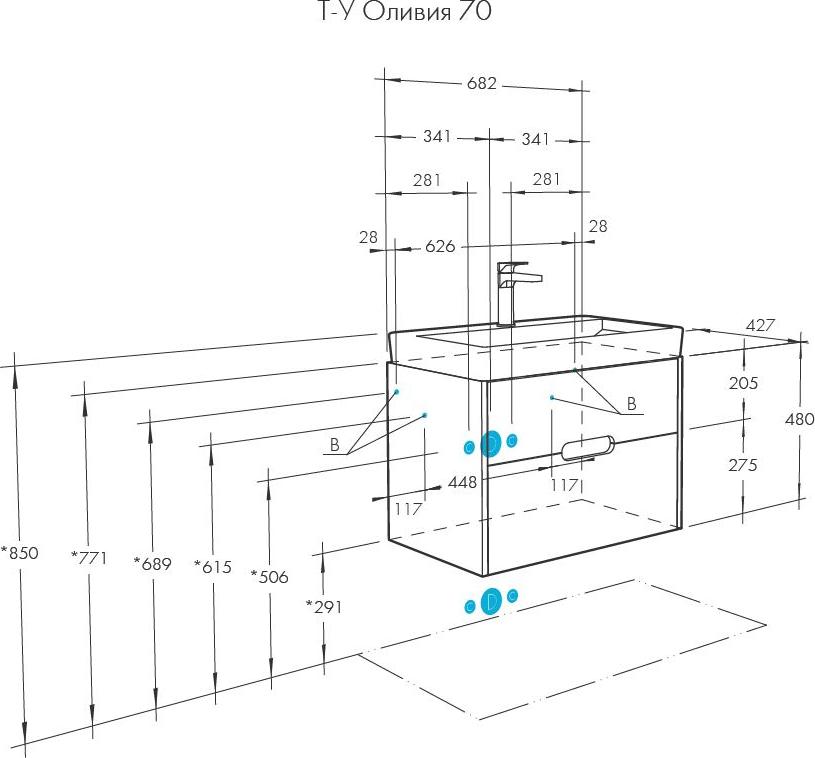 Тумба под раковину Aquaton Оливия 70 1A254301OLUG0, грей/дуб ойстер