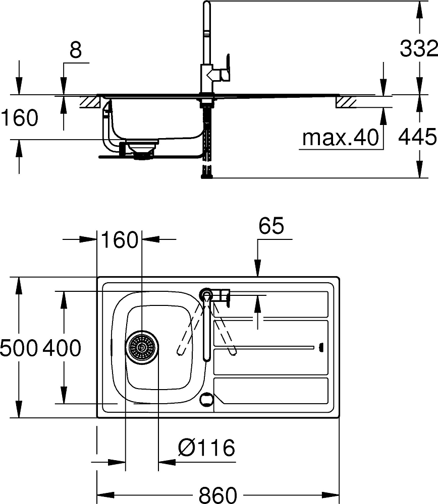 Комплект Grohe Bau 31562SD0 Кухонная мойка K200 31552SD0 + Смеситель BauEdge 31367000 для кухонной мойки