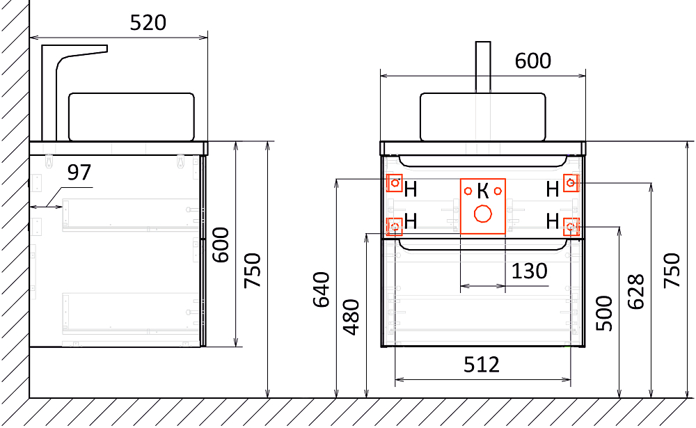 Тумба с раковиной STWORKI Берген 60, белая со светлой столешницей 122, Moduo 50 Square, L