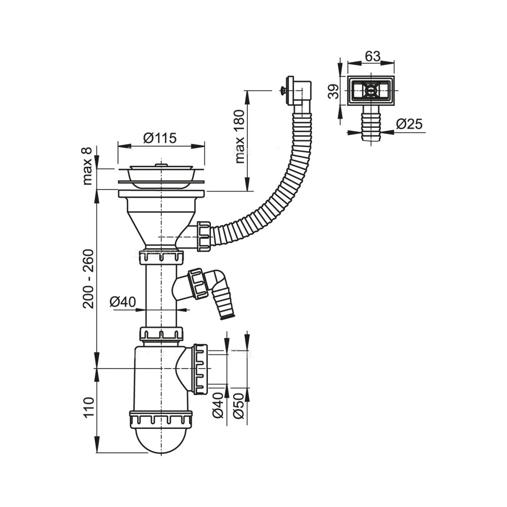 Сифон для мойки Alcaplast A447P-DN50/40 с нержавеющей peшeткой, белый