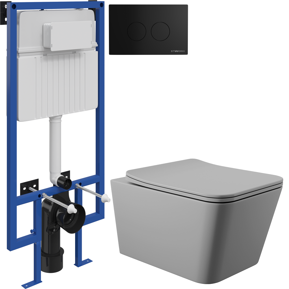 Комплект Унитаз подвесной Aqueduto Macio MAC0130 безободковый, с микролифтом, серый матовый + Инсталляция STWORKI + Кнопка Хельсинки 500471 черная матовая