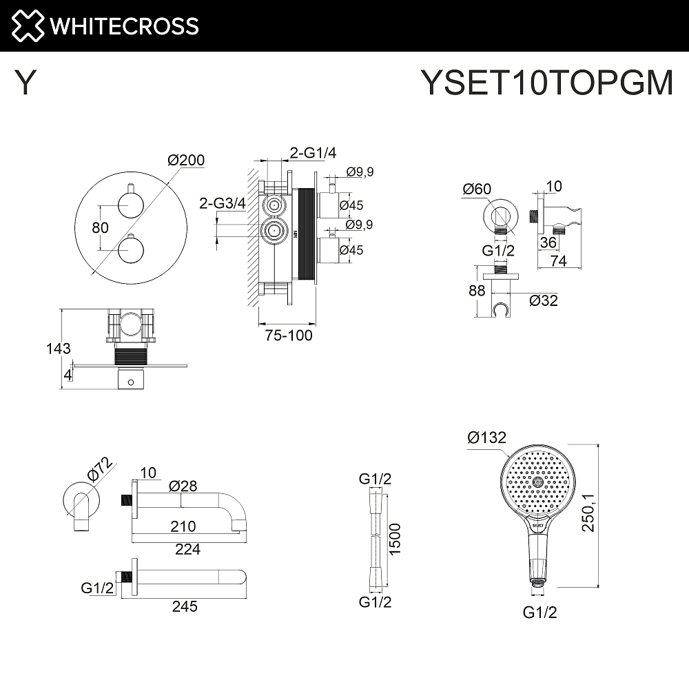 Душевая система Whitecross Y YSET10TOPGM термостат, оружейная сталь