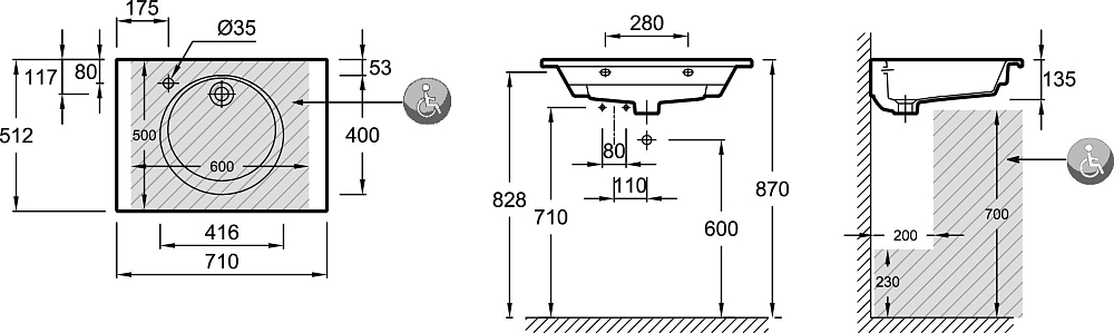 Раковина 71 см Jacob Delafon Odeon Rive Gauche EXAX112-00, белый