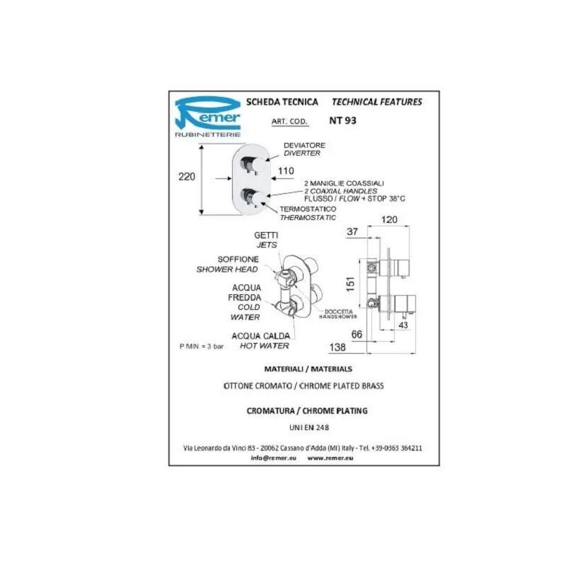 Смеситель для ванны с душем Remer Elegance NT93 хром