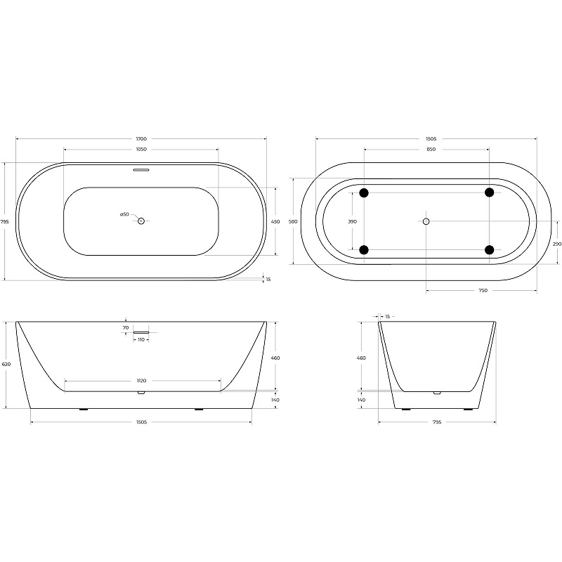 Акриловая ванна BelBagno 170x80 BB415-1700-800, белый